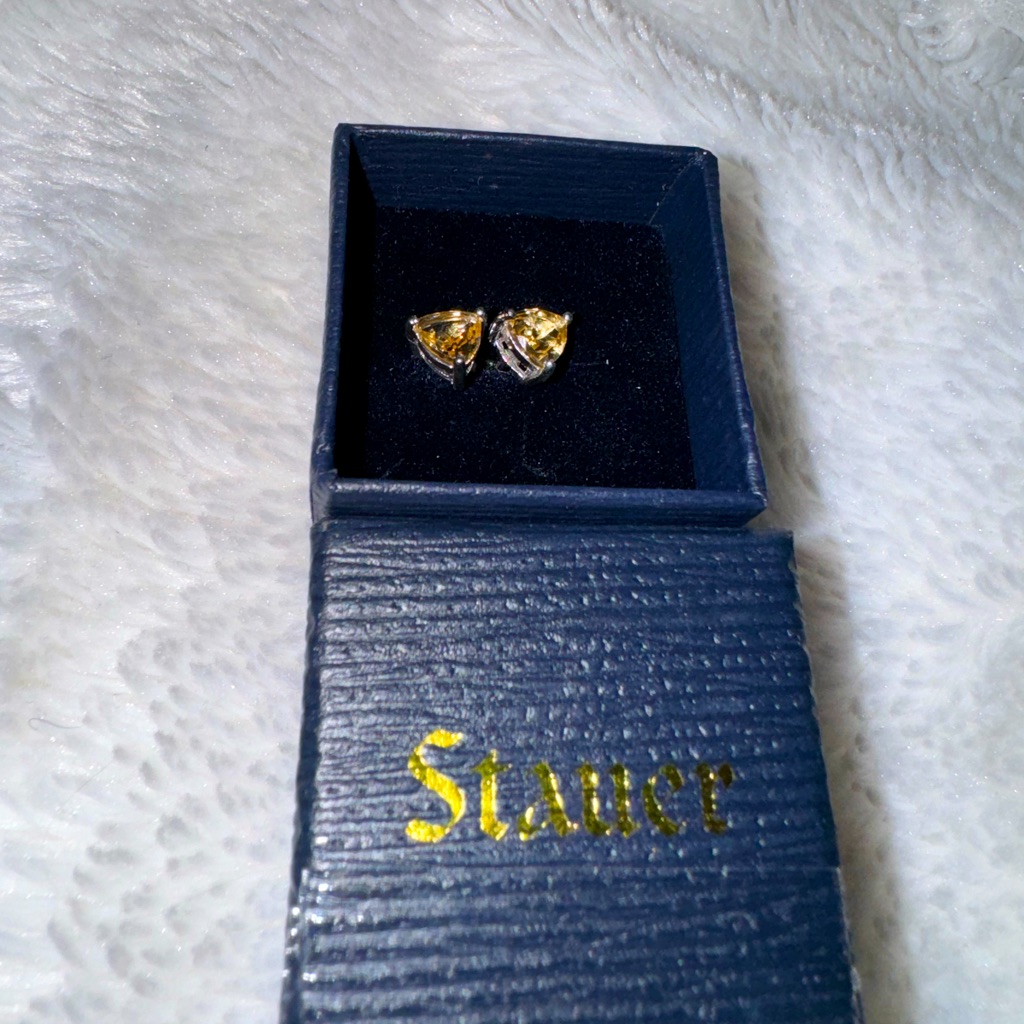 New In Box Stauer Trillion-Cut Citrine Stud Sterling Silver Earrings 65$
